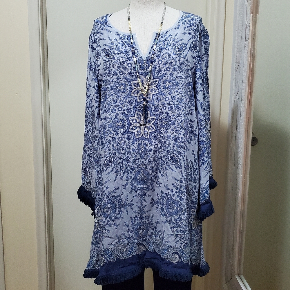 Love Kyla Blue Scarf Print Tunic Baja Dress Fringe